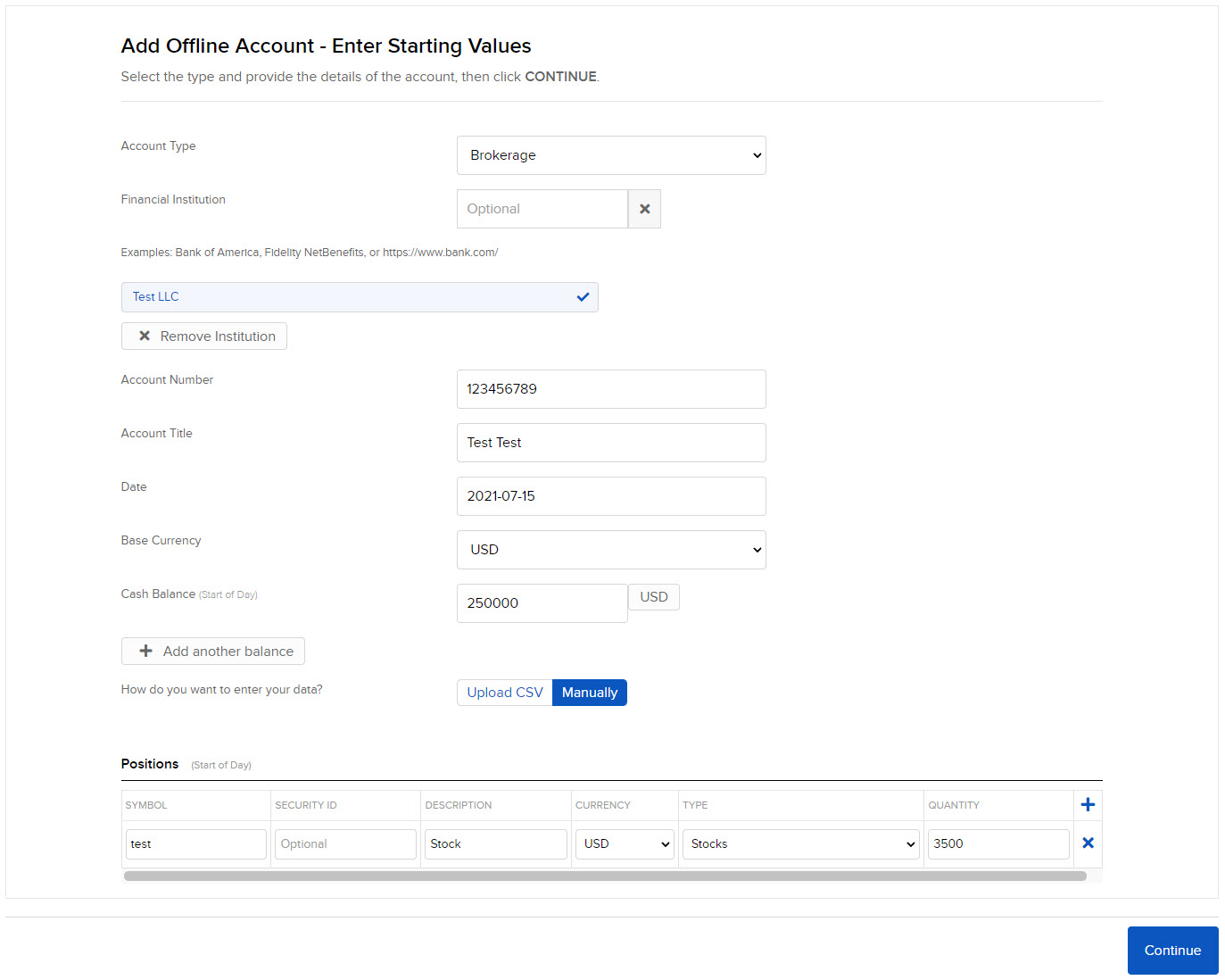 Image of the PortfolioAnalyst add offline account panel. 